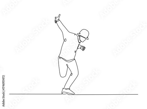 Young street dancer freestyle in single outline illustration. Continuous line art drawing of young dancer in freestyle break-dance movement. Editable stroke.