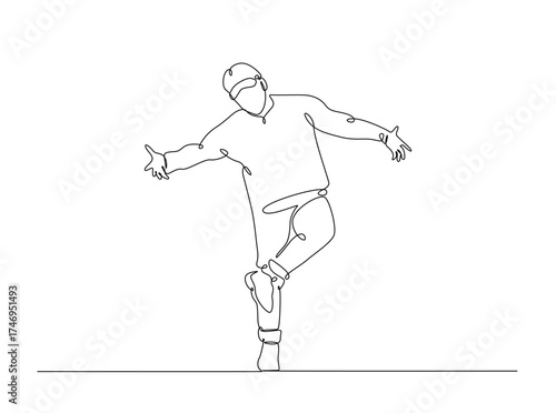 Young street dancer freestyle in single outline illustration. Continuous line art drawing of young dancer in freestyle break-dance movement. Editable stroke.