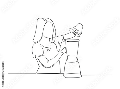 Woman make juice in single outline illustration. Continuous line art drawing of Young woman holds juicer. Editable stroke.