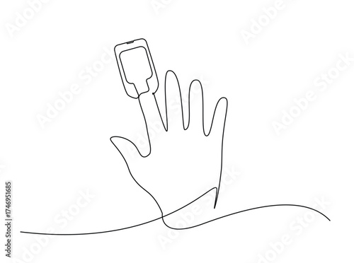 Pulse oxymeter on finger in single outline illustration. Continuous line art drawing of pulse oxymeter device on finger. Editable stroke.