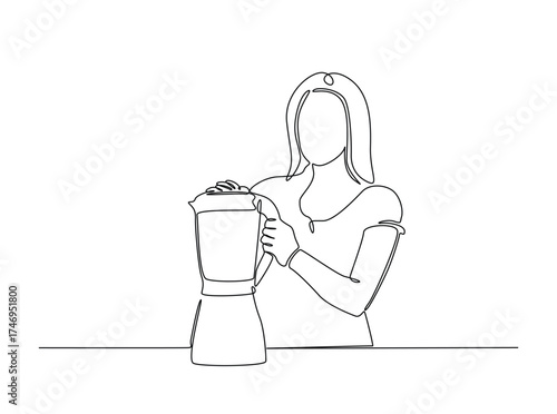 Woman make juice in single outline illustration. Continuous line art drawing of Young woman holds juicer. Editable stroke.