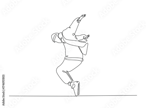 Young street dancer freestyle in single outline illustration. Continuous line art drawing of young dancer in freestyle break-dance movement. Editable stroke.