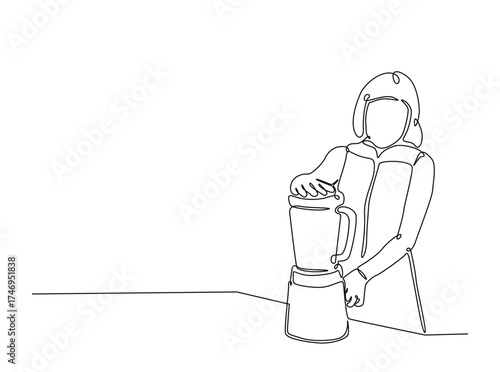 Woman make juice in single outline illustration. Continuous line art drawing of Young woman holds juicer. Editable stroke.