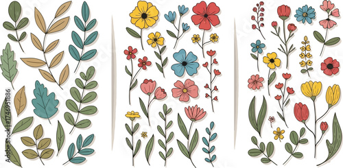 Hand Drawn Floral and Leaves Set, Colored Flowers with Isolated on Transparent Background