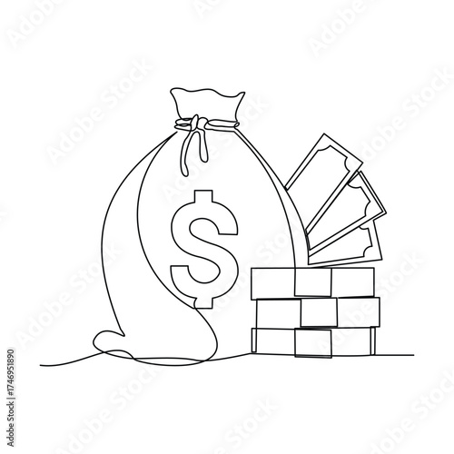 Continuous line drawing of money bag sack single one line art editable stroke of finance bank money storage and investment. Vector illustration	