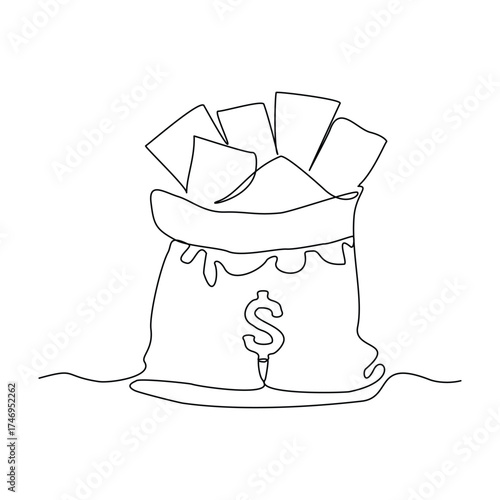 Continuous line drawing of money bag sack single one line art editable stroke of finance bank money storage and investment. Vector illustration	