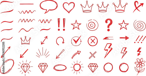 Hand Drawn Red Doodle Elements Arrows, Crowns, Hearts, Stars, Exclamations on White