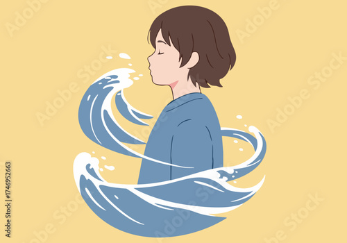 A young girl breathes in the spray of a wave, feeling refreshed and calm. Soft colors and a flowing design evoke serenity and emotional well-being. Suitable for wellness and mindfulness themes.