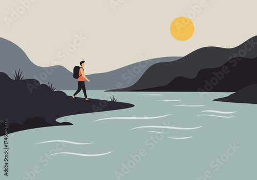 A lone hiker walks along a riverbank, bathed in sunlight. A serene landscape evokes mindful flow and peaceful exploration.  Modern, minimalist style.