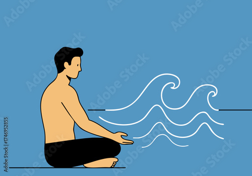 A man meditates amidst gentle waves, embodying tranquility and mindful presence. A calming visual for wellness and relaxation concepts.