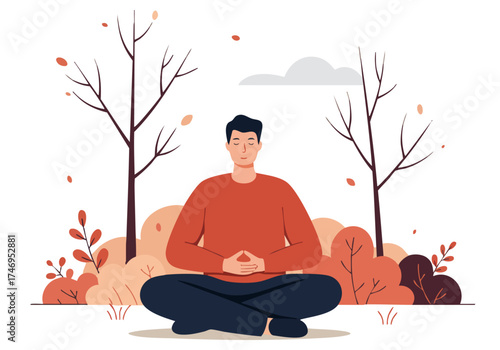 A man meditates peacefully in a park setting. He sits cross-legged, focusing on his breath amidst bare trees and autumn foliage. A serene and calming image.