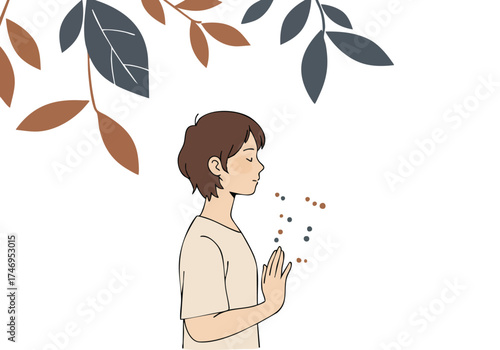 A young man practices mindful breathing, radiating calm. Soft colors and a simple illustration evoke serenity. Perfect for wellness and mindfulness themes.