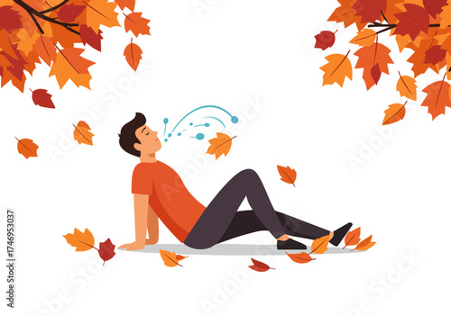 A young man practices 'Smart Breath Flow' outdoors amidst falling autumn leaves. He?s relaxed, breathing deeply, showcasing a mindful moment. Vibrant fall colors create a serene backdrop.