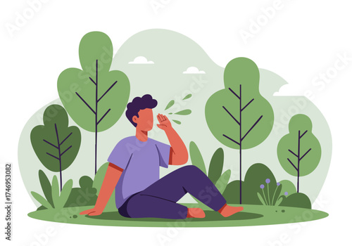 A young man sits outdoors, reacting to pollen with a sneeze. Lush green foliage forms a natural backdrop. Illustrative style, calming and refreshing.