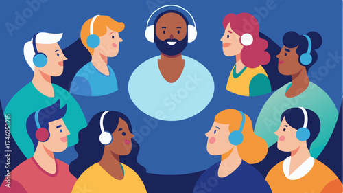 A group of diverse individuals sitting in a circle each wearing headphones and engaged in a podcast recording session showcasing collaboration and conversation.