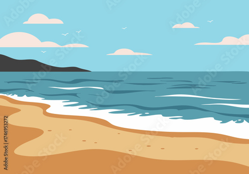 A serene coastal scene with calm waves, a sandy beach, and a distant mountain. Soft pastel colors evoke a feeling of peace and tranquility. Perfect for relaxation and wellness themes.