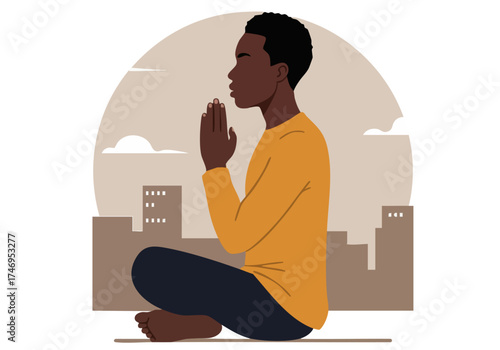 A serene Black man meditates outdoors, focusing on inner peace. He sits in a relaxed posture with hands folded, set against a cityscape backdrop.  Promotes mindfulness and calm.