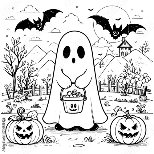 halloween ghost holding candy bucket, black and white clip art preview