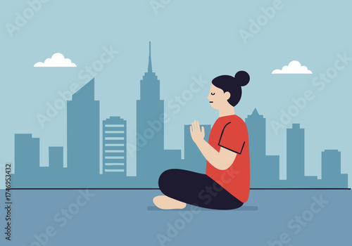 A serene woman meditates amidst a bustling city skyline, finding calm and balance. Soft colors and a minimalist style evoke tranquility.