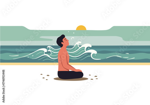A serene man practices wave breath on a beach, inhaling deeply as waves crash. A calming, minimalist illustration evokes peace and mindfulness. Perfect for wellness and lifestyle content.
