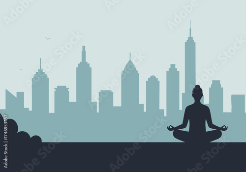 A serene woman meditates amidst a city skyline, embodying 'Sky Mind'. A calming image of mindfulness and urban life. Perfect for wellness and lifestyle content.