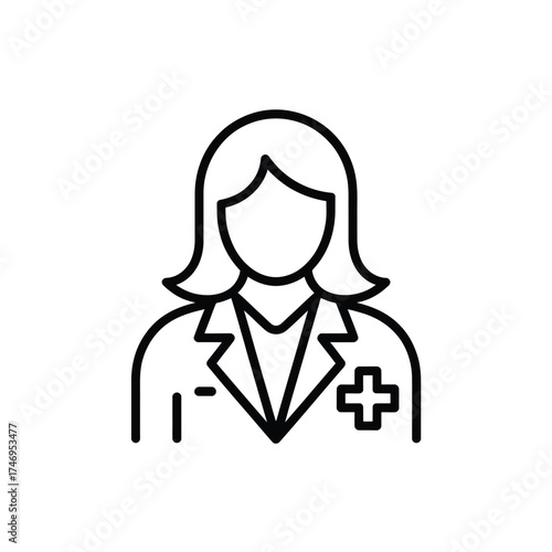 Simple line art icon of a female doctor or healthcare professional