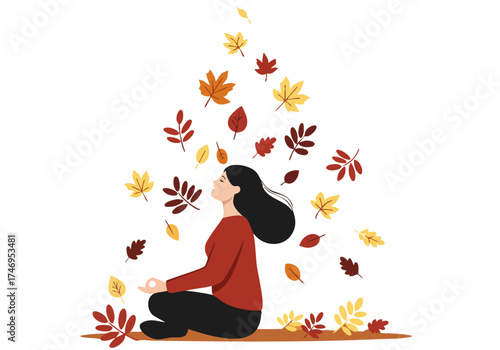 A serene woman meditates amidst falling autumn leaves, embodying a mindful fall season.  A calming, stylized illustration perfect for wellness and seasonal themes.