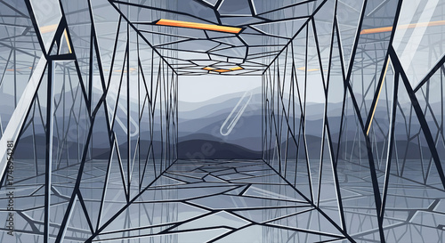 Futuristic Geometric Tunnel Pathway with Reflective Metallic Surfaces and Abstract Deep Perspective