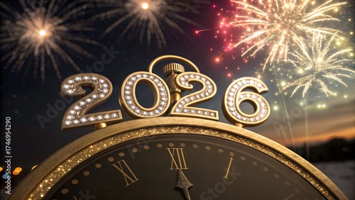An antique gold watch face showing the midnight hour of a New Year's celebration with fireworks and vintage decoration vector design