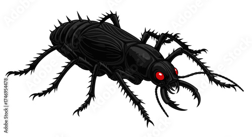 Detailed illustration of a menacing black insect with red eyes.