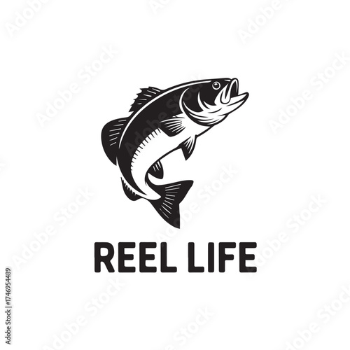 Largemouth Bass Fish Logo with "REEL LIFE" Typography Vector