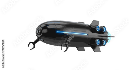 Futuristic Black Blimp with Robotic Arms and Blue Lights.