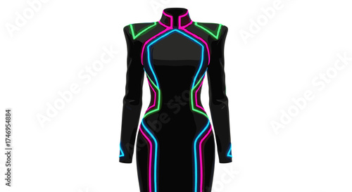 Futuristic Black Dress with Neon Light Accents.