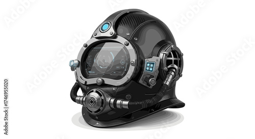 Futuristic deep sea diving helmet isolated on a clean white background.