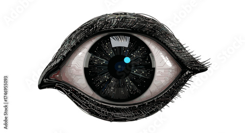 Futuristic Eye with Intricate Details and a Blue Dot.