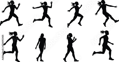 Women silhouettes running, walking, motion sequence, dynamic poses, fitness, exercise, sports science, locomotion, body movement, animation, lifestyle, design