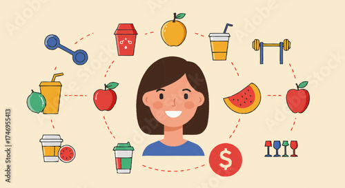 A smiling woman surrounded by healthy food and fitness icons, promoting a balanced lifestyle and wellness.