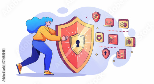 Woman Protecting Digital Data with Shield and Key, Illustrating Cybersecurity Measures