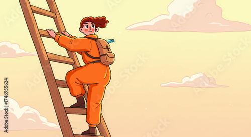 Woman Climbing a Ladder against a Cloudy Sky