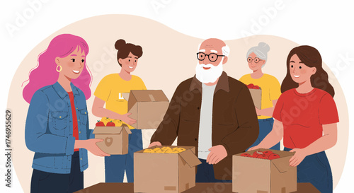 Group of volunteers distributing food to those in need at a local community center