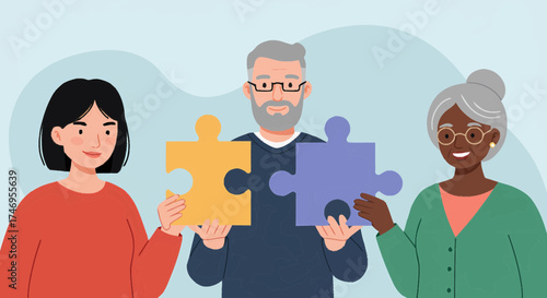 Diverse group of people assembling puzzle pieces together
