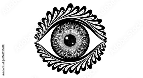 Intricate Black and White Eye Design with Ornate Floral Patterns.