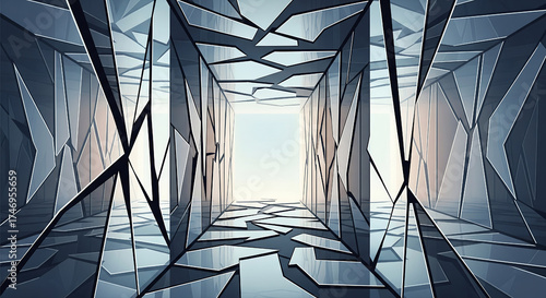 Digital Data Tunnel with Geometric Reflections and Futuristic Lighting