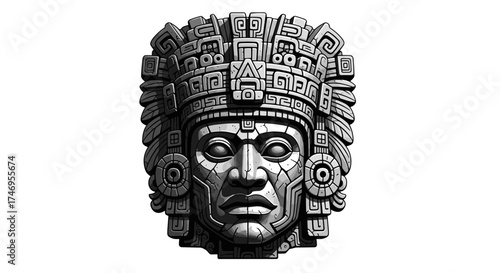Intricate Aztec Warrior Stone Head Sculpture Isolated.