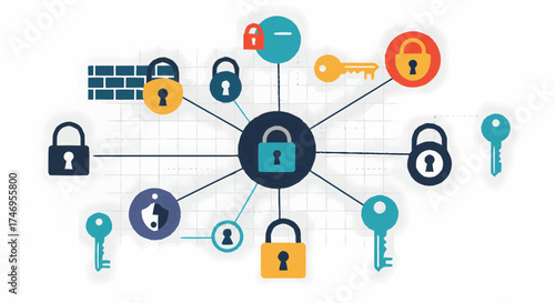Comprehensive digital security network concept illustration showcasing interconnected locks, keys, and shields for data protection and access management in a digital environment