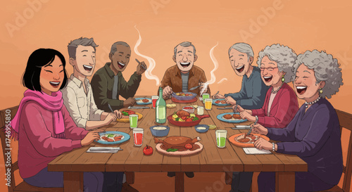 Diverse group of happy friends and family members sharing a delightful dinner, laughing and enjoying good company around a festive table, fostering warm memories and community bonds