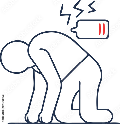 Exhausted person depicts extreme fatigue and low energy battery symbol vector