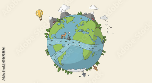 A creative illustration of Earth featuring winding paths, natural landscapes, mountains, rivers, wildlife, human buildings, and vehicles, representing global connections