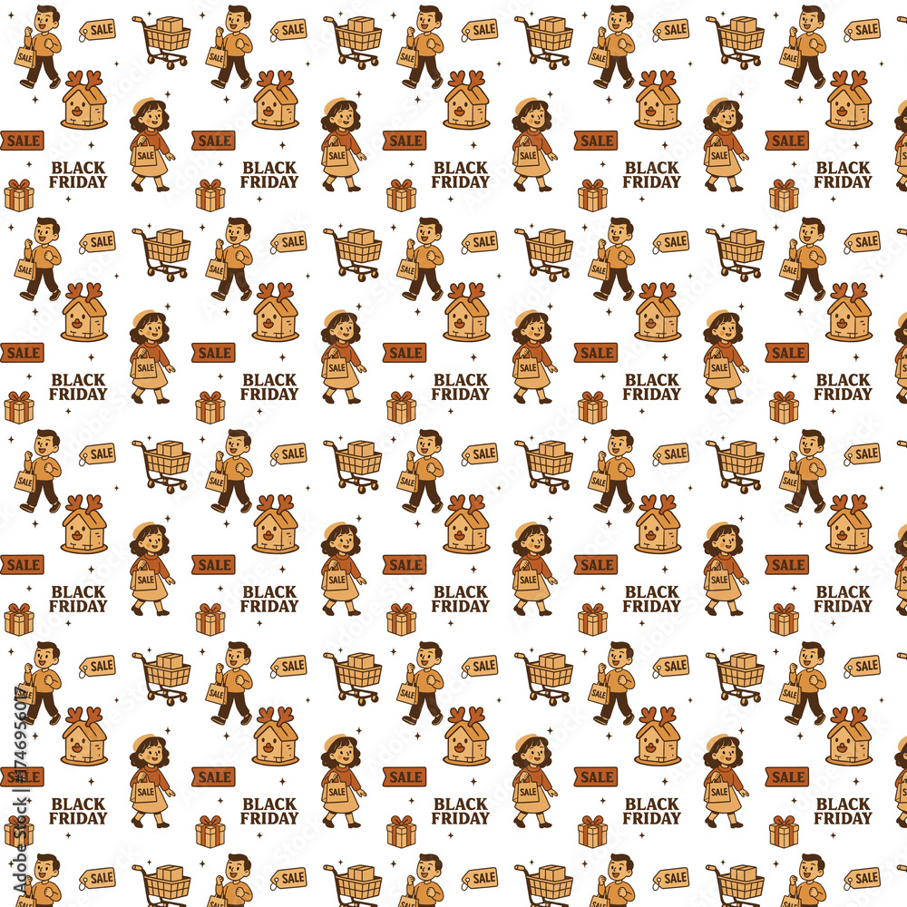 Seamless vector pattern featuring cheerful shoppers, shopping carts, gift boxes, and “Black Friday” sale signs in warm brown and beige tones, ideal for holiday marketing and retail designs. Seamless vector pattern featuring cheerful shoppers, shopping carts, gift boxes, and “Black Friday” sale signs in warm brown and beige tones, ideal for holiday marketing and retail designs.