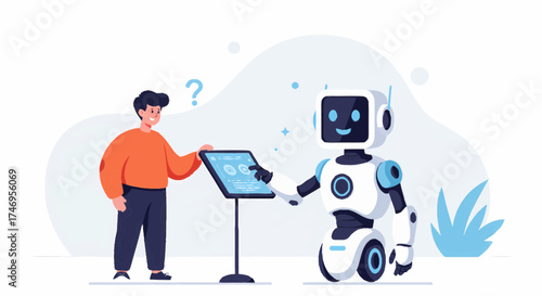 Man interacting with robot in a modern setting, showcasing technology and innovation